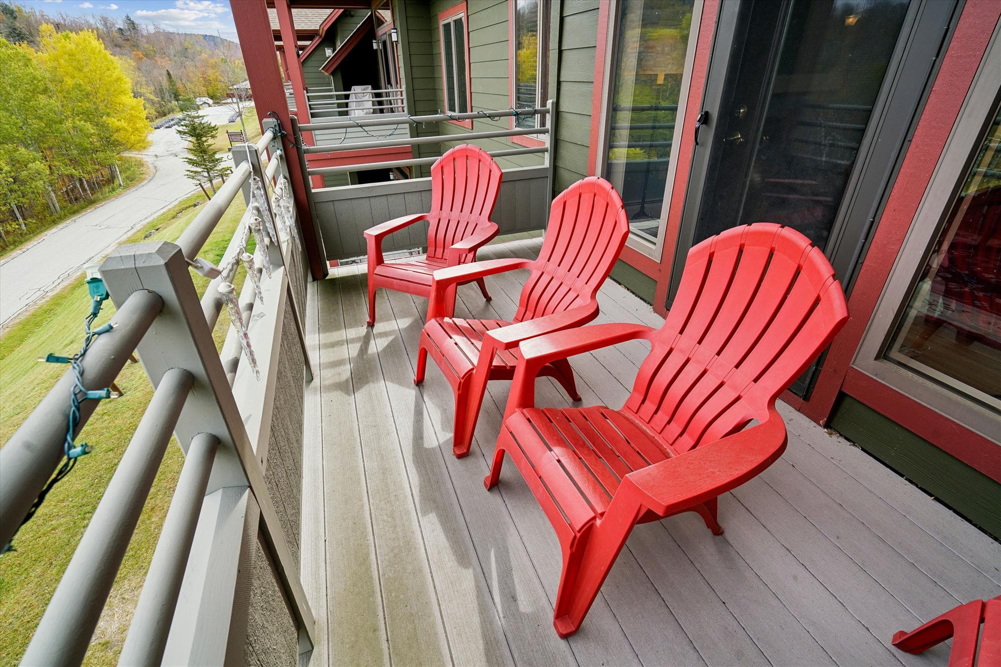 This upper-level balcony features bright Adirondack chairs and sweeping views of Killington's rolling hillsides. The perfect spot to unwind, watch the seasons change, or stargaze on clear nights.