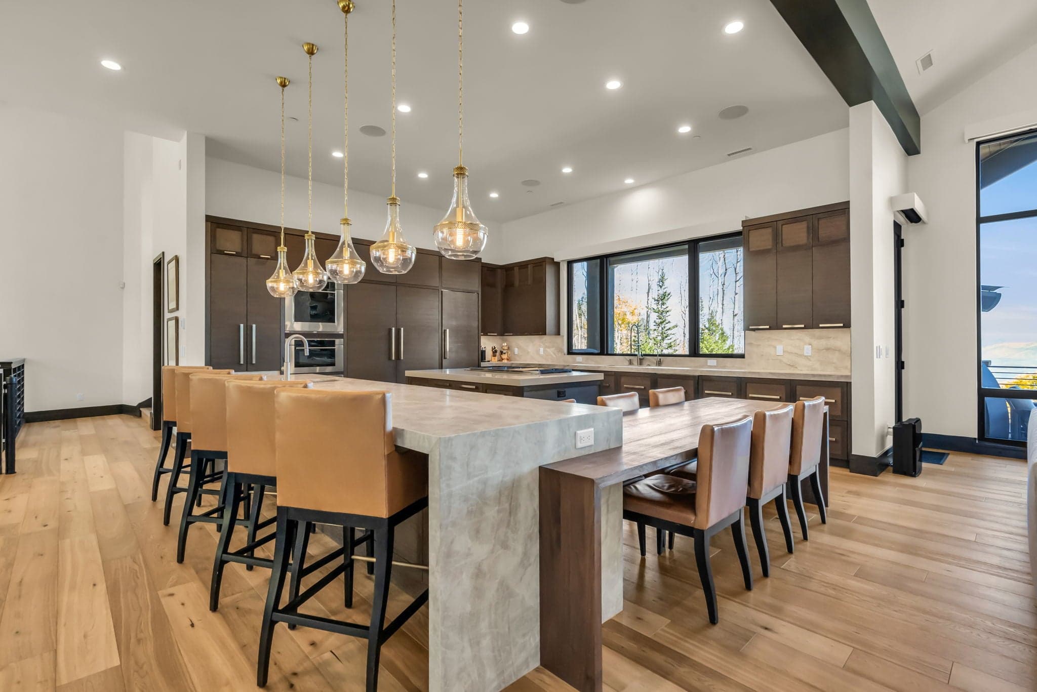 Kitchen with Island, Breakfast Bar Table, Dining Table, and Chairs