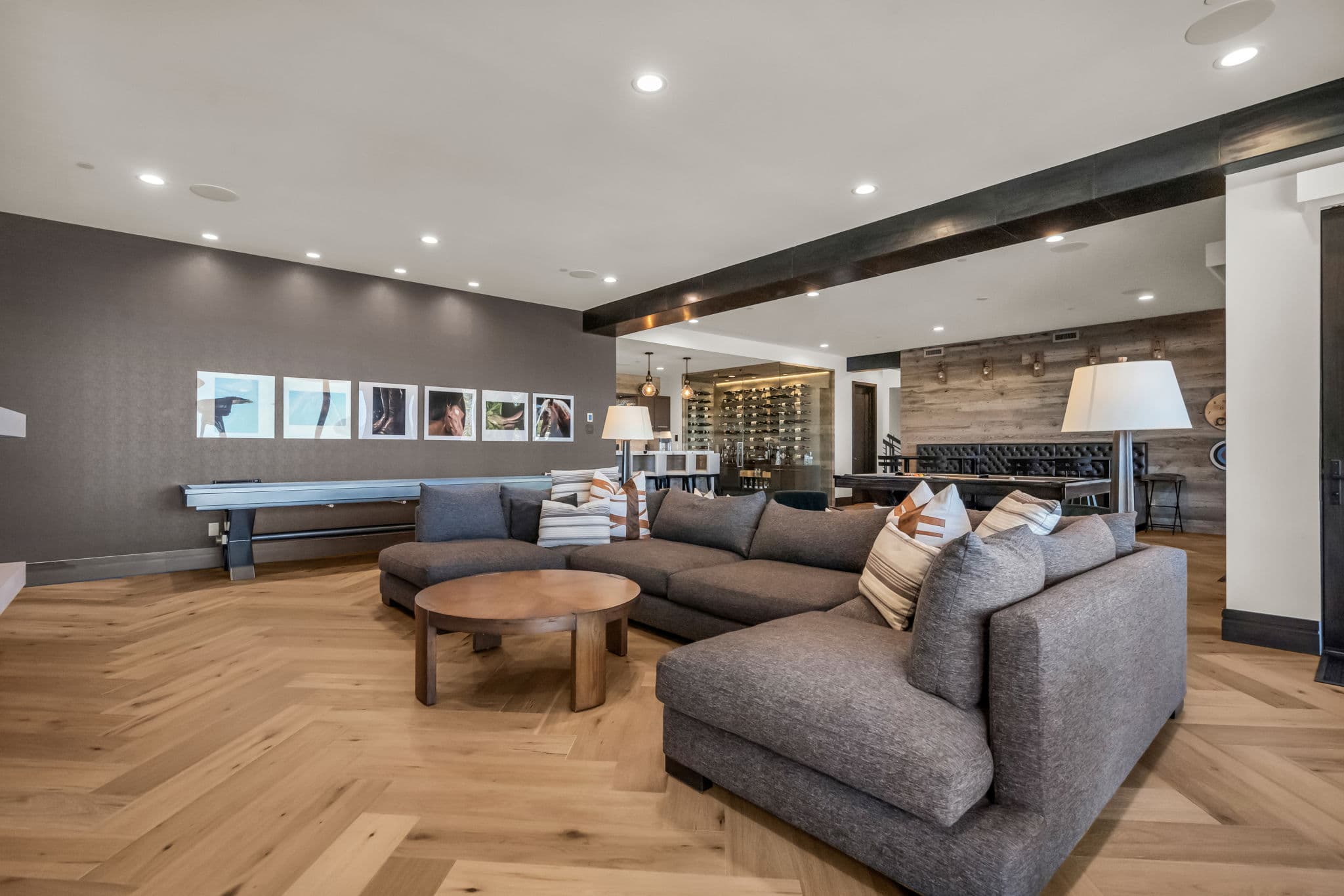 Sectional Sofa, Coffee Table, Lamps, and Pool Table