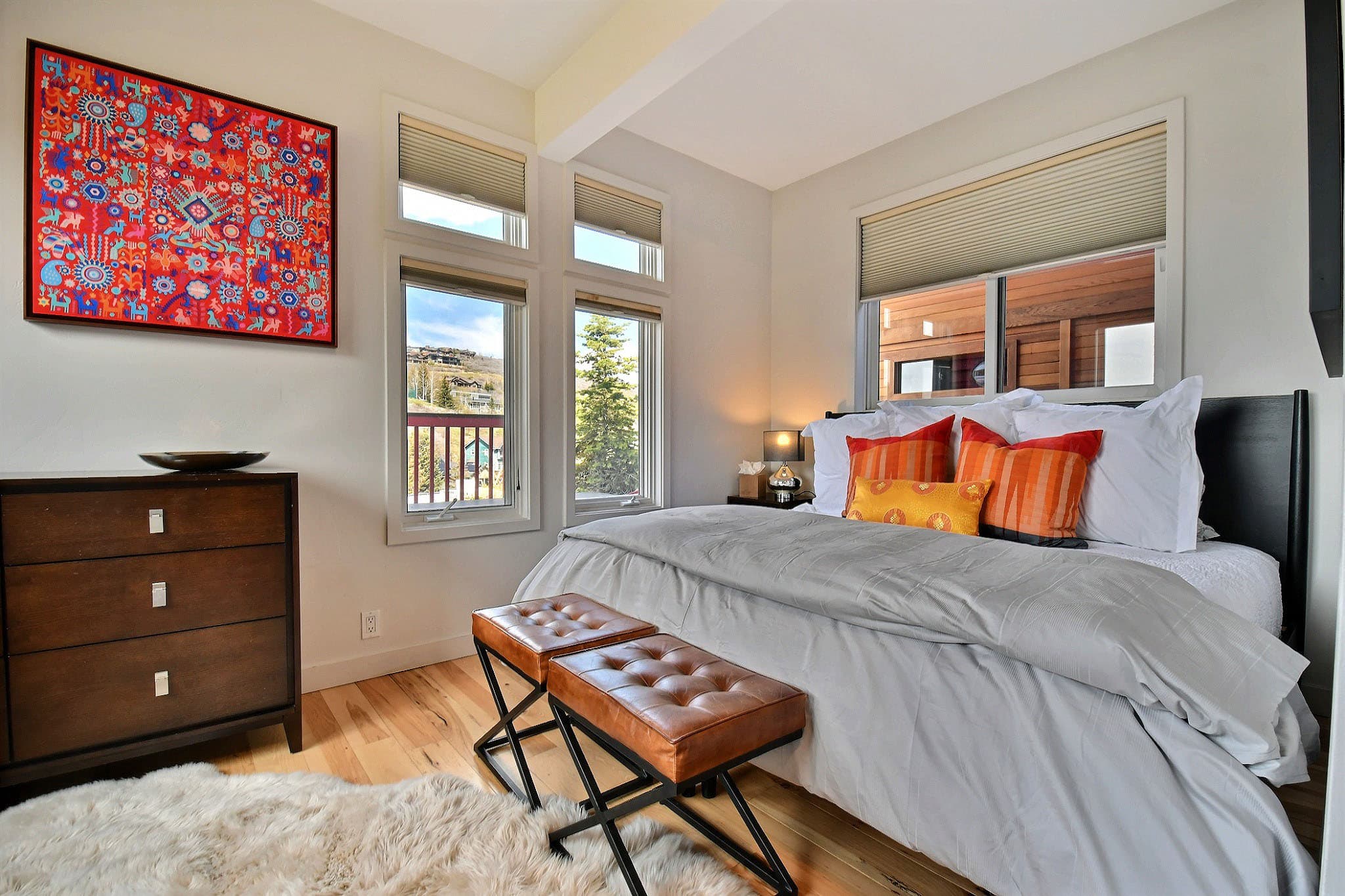 Large Bed for two, Painting, Ottomans, and TV
