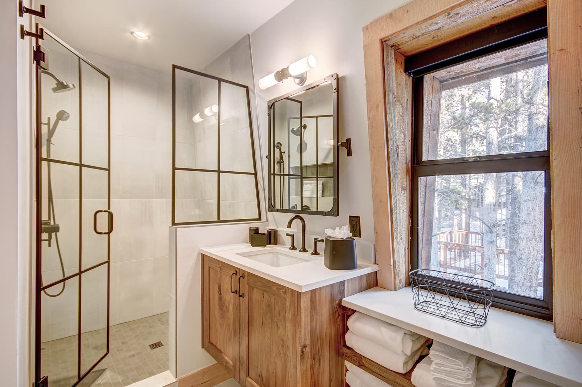 Upper level bunk room shared bath with walk-in shower and 1 sink - Arrow Darrow Breckenridge Vacation Rental